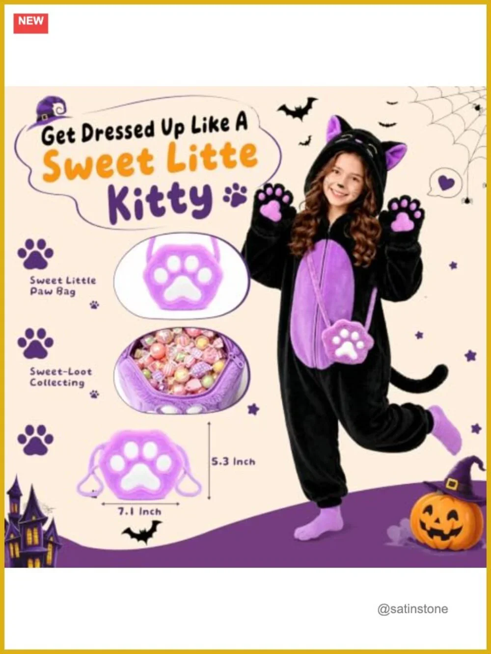 Kids Black Cat Costume with Purse Halloween Dress Up Role Play Flannel